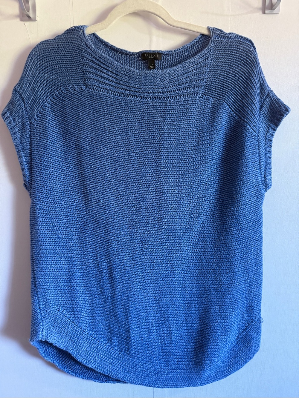 Talbots Petites Blue 100% Linen Open Knit Short Sleeve Sweater LP